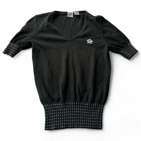 Vintage Armani Exchange Knit Short Sleeve Black Logo V Neck Sweater S - Picture 1 of 4